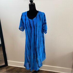 Blue Boho Embroider Patchwork Short Sleeve Swing T-Shirt Beach Tie-Dye Midi  OS